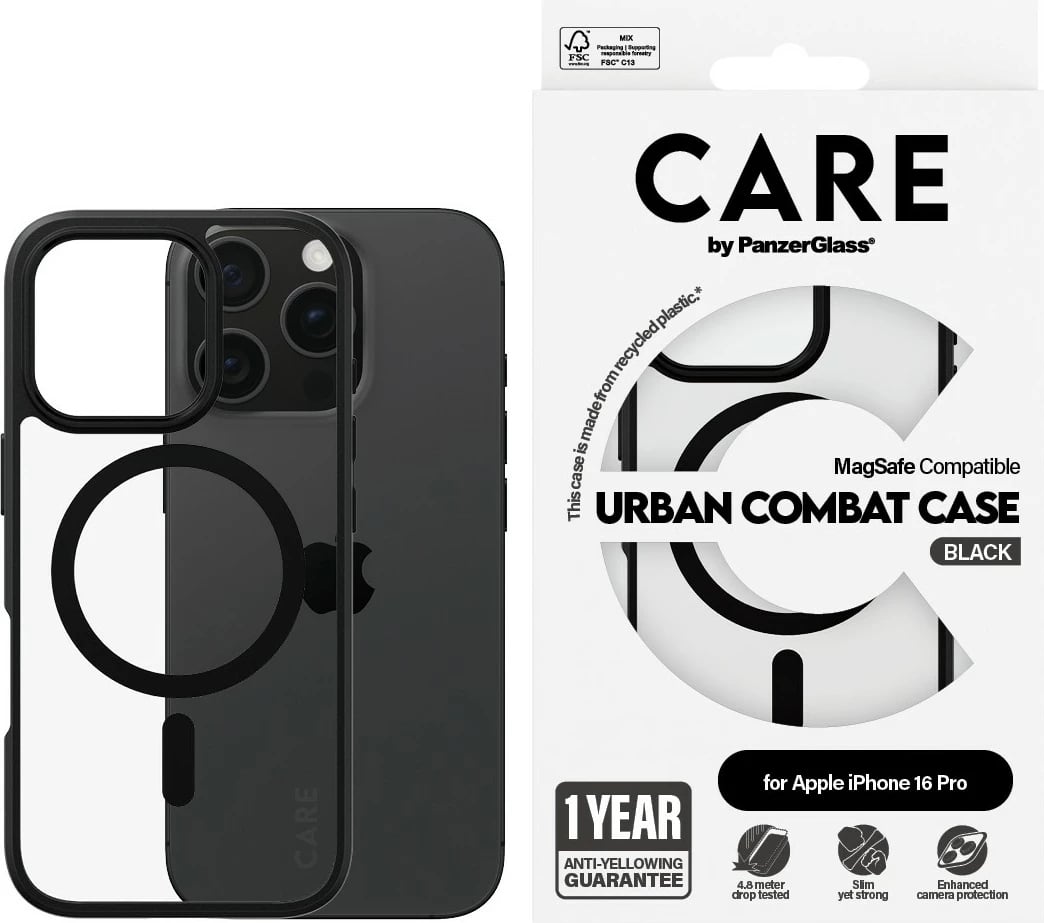 Mbështjellës PanzerGlass CARE Flagship Urban Combat MagSAFE për iPhone 16 Pro, transparent