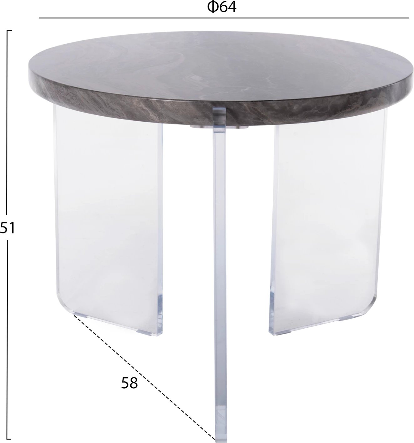 Tavolinë kafeje ACRYCON FH9780.01 MDF me sipërfaqe që nuk përthith ujë, këmbë akrilike Φ64x51H cm