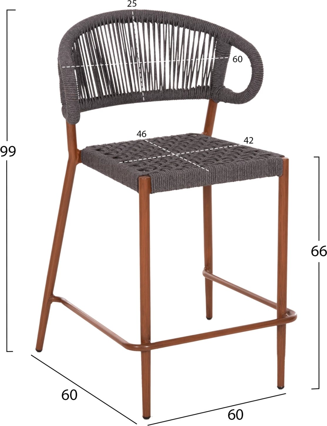 Karrige për bar, lartësi mesatare, EULO FH6087.01, alumin, ngjyrë arre, ratan sintetik gri, 60x60x99H cm