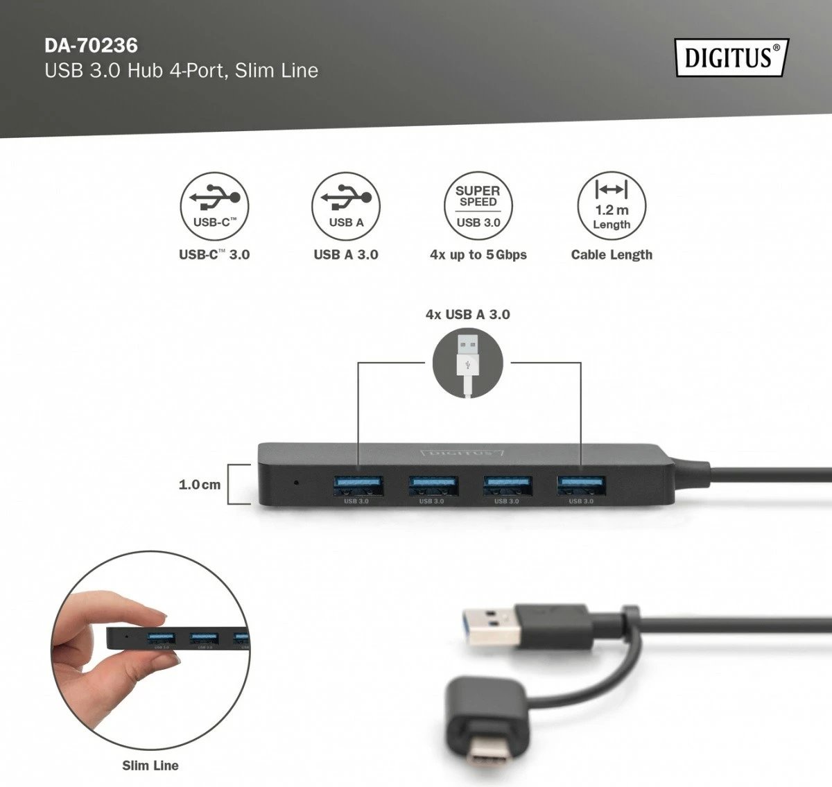 Hub USB Digitus DA-70236, 4 porta USB 3.0, USB-A + USB-C, 1.2m, i zi