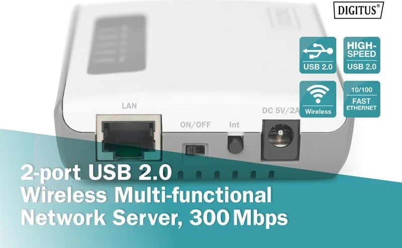 Server rrjeti wireless Digitus DN-13024, 2 porta USB 2.0, 300 Mbps, Gri/Bardhë