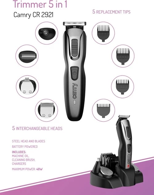 Trimmer, Camry CR 2921, 5 në 1, pa kabllo, 48W, set me bazë-karikues