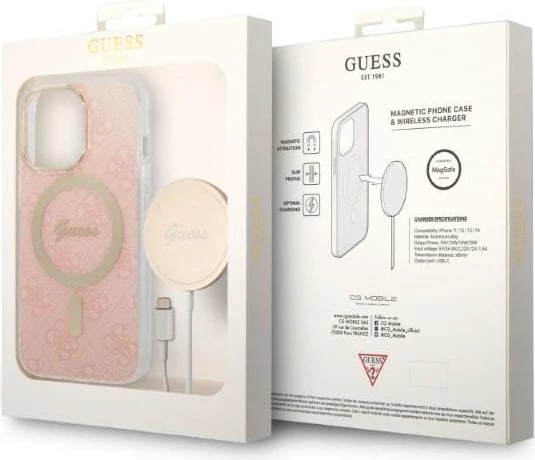 Set mbështjellës Guess GUBPP13LH4EACSP me karikues wireless për iPhone 13 Pro, rozë
