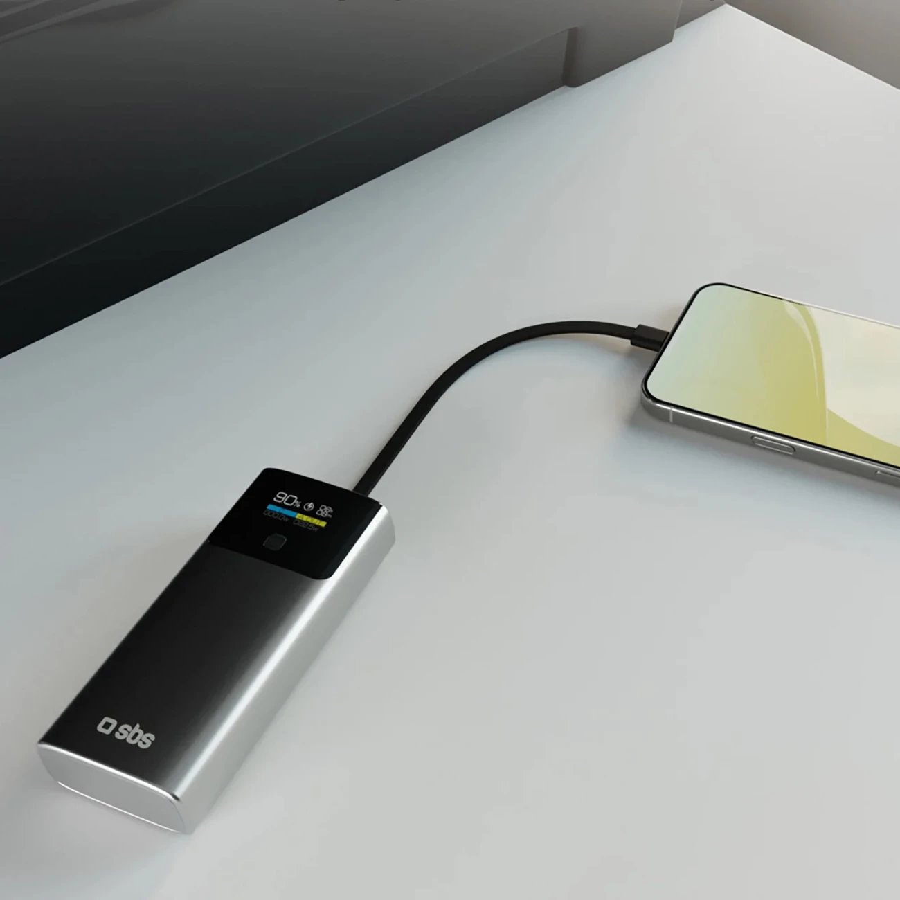 Powerbank SBS 10000mAh me LCD, PD 20W, USB-C kabllo e integrume, Gri