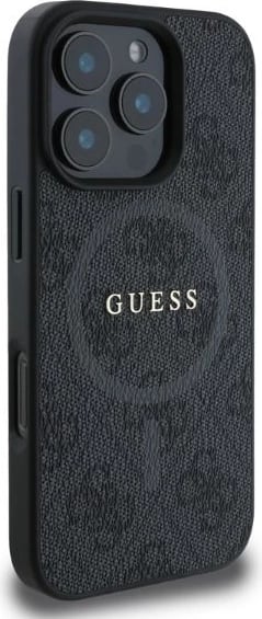 Mbështjellës, Guess, 4G Ring Classic Logo MagSafe, për iPhone 16 Pro 6.3", TPU/PC lëkurë eko, me MagSafe, i zi