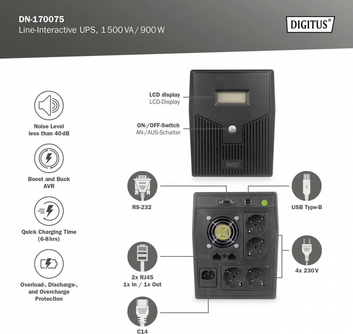 UPS Digitus DN-170075, 1500VA/900W, Line-Interactive, 2x12V/9Ah, Ekran LCD, Zezë UPS Digitus DN-170075, 1500VA/900W, Line-Interactive, 2x12V/9Ah, Ekran LCD, Zezë