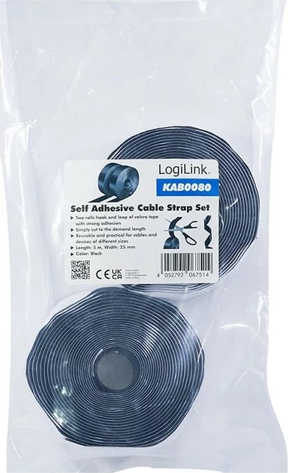 Set shirita vetëngjitës me grep-dhe-lupë për kabllo, LogiLink KAB0080, 5 m x 25 mm, çift shiritash, i zi