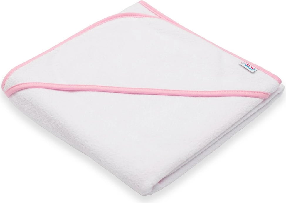 peshqir bebe me kapuç, New Baby, BASIC, 80x80 cm, e bardhë-rozë, me leckë larëse