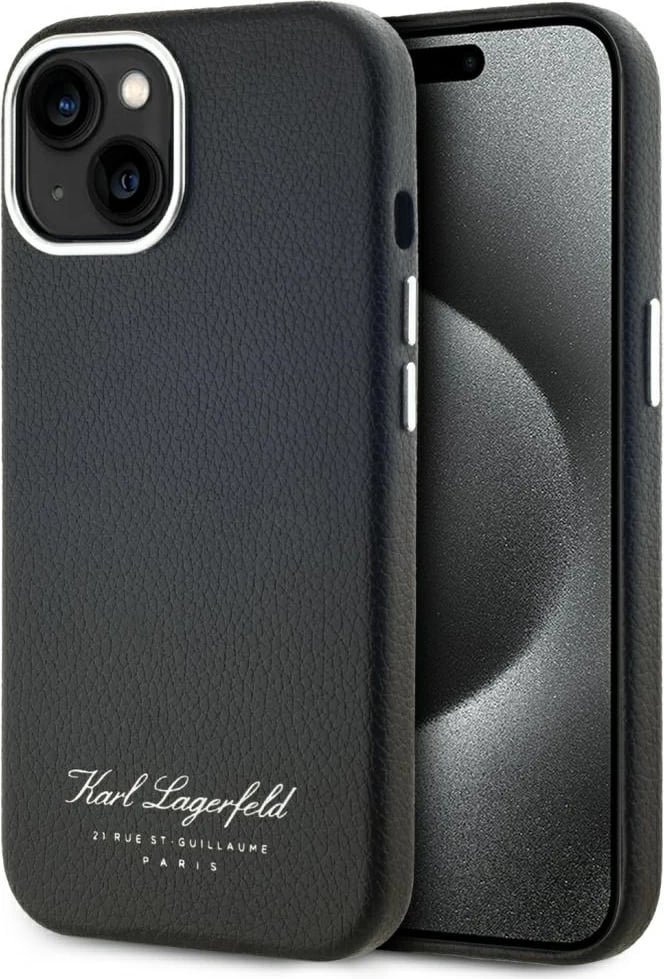 Mbështjellës Karl Lagerfeld Hotel RSG për iPhone 15, lëkurë ekologjike, i zi