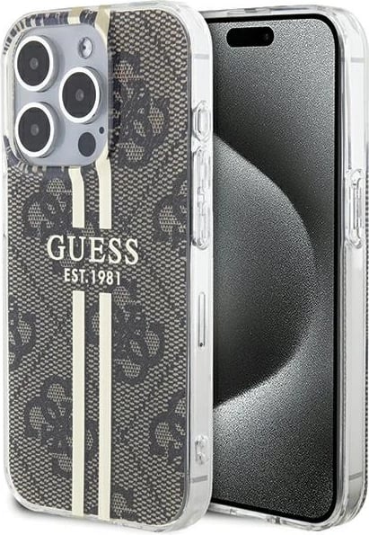 Mbështjellës Guess IML 4G Gold Stripe për iPhone 15 Pro Max, kafe