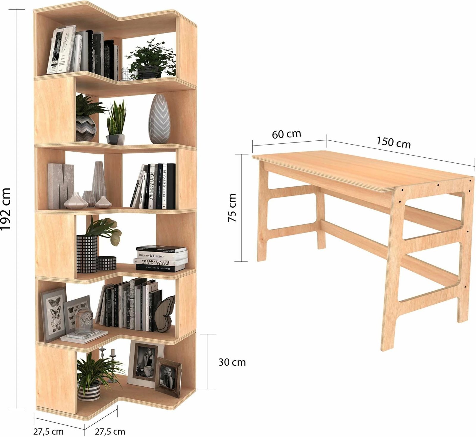 Set tavoline studimi me raft librash, ngjyrë natyrale, Skye Decor, CPT4801-150