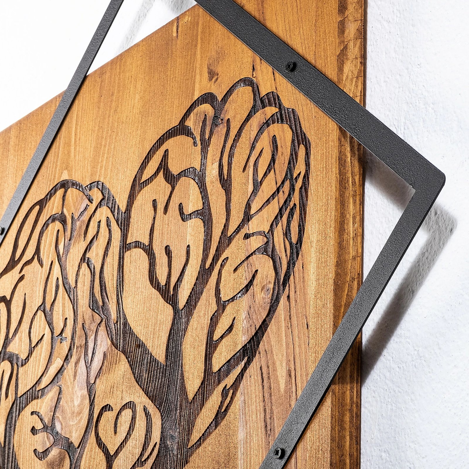 Aksesor dekorativ për mur, dru dhe metal, Wallity, zemër pemë, ngjyrë arre/zezë, 54x54cm