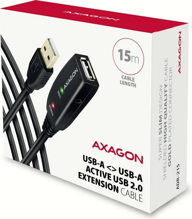 Kabllo zgjatues aktiv USB 2.0 AXAGON ADR-215, 15m, e zezë