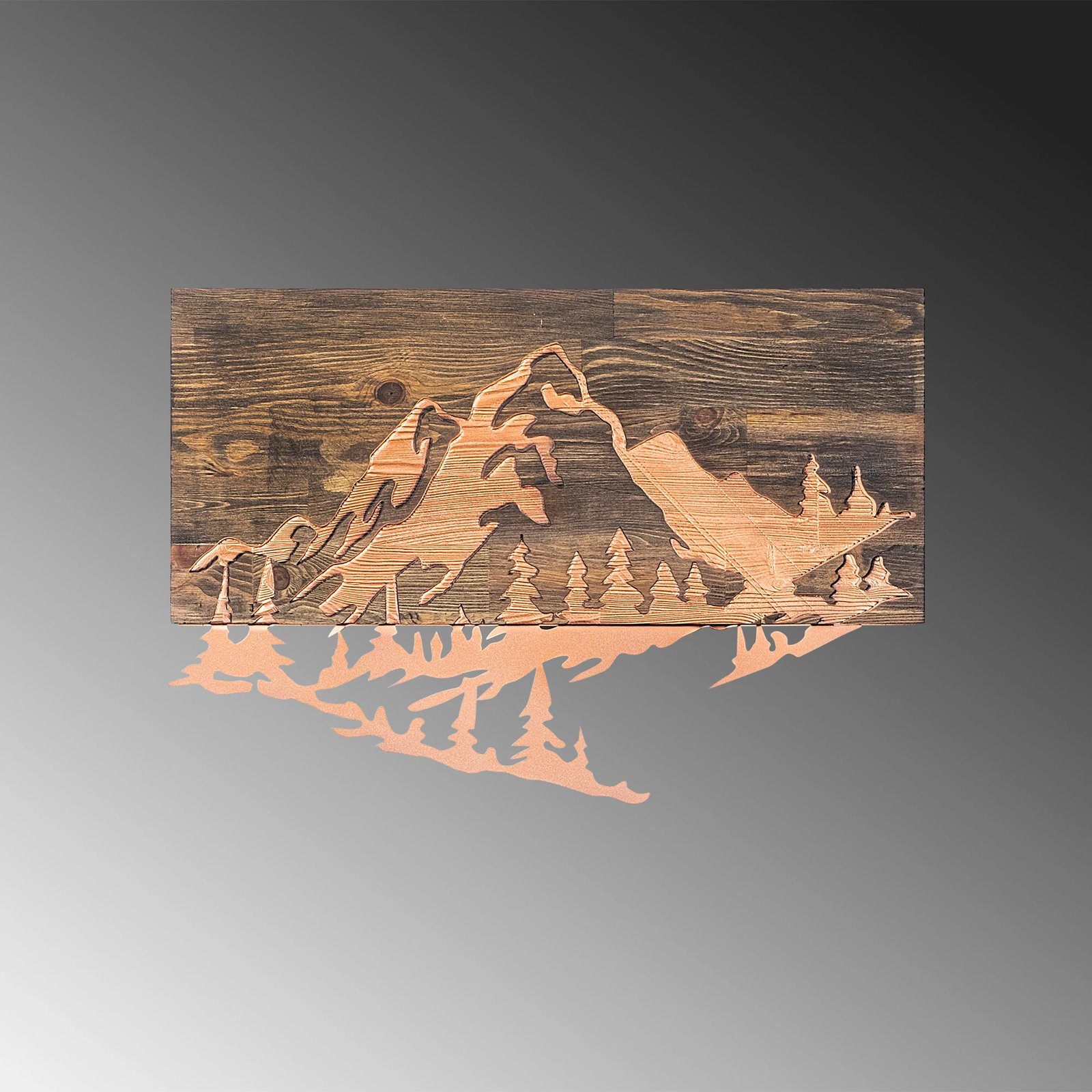 Aksesor dekorativ për mur, dru dhe metal, Wallity, Mountain v2, ngjyrë arre dhe bakri