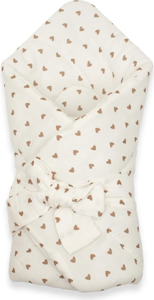 Mbështjellëse muslini për bebe, New Baby, Little Heart, 75x75 cm, mbushje anti-alergjike, e bardhë me zemra kafe