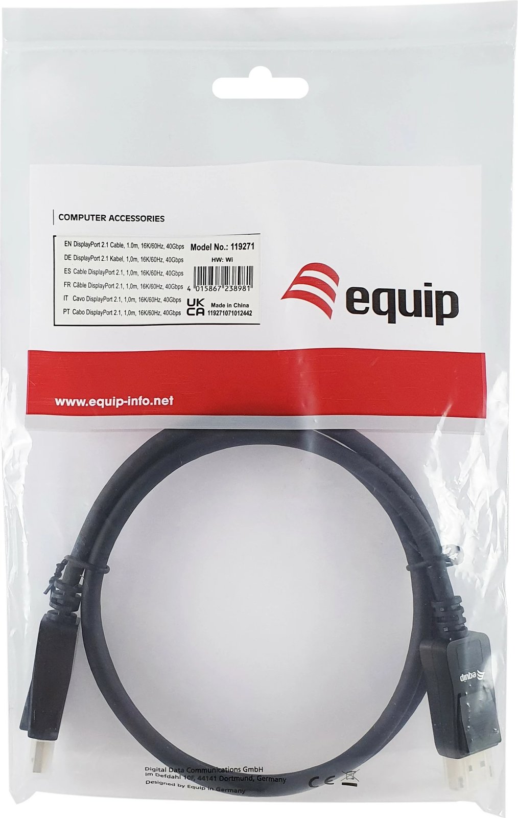 Kabllo DisplayPort 2.1 Equip, 1.0m, 16K/60Hz, 40Gbps, e zezë