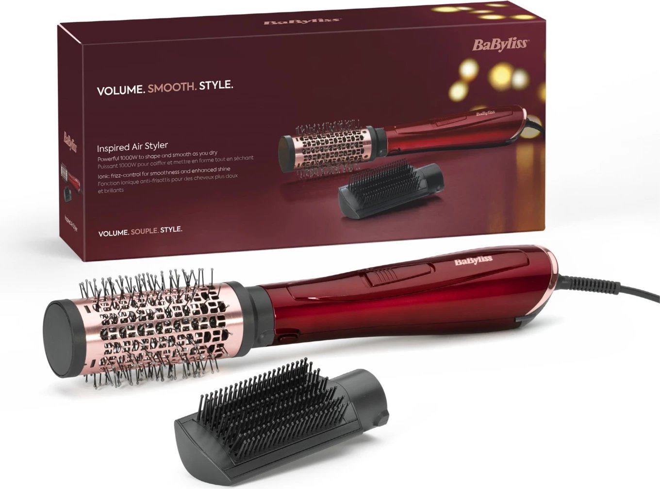 Furçë flokësh me ajër të ngrohtë 2-në-1, BaByliss AS812PE, 1000W, furçë 50mm titanium-keramike, teknologji jonike, e kuqe