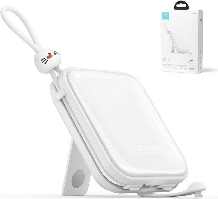 Powerbank Joyroom Cutie Series JR-L008, 10000mAh, 22.5W, me kabllo USB-C dhe Lightning, me stand, Bardhë