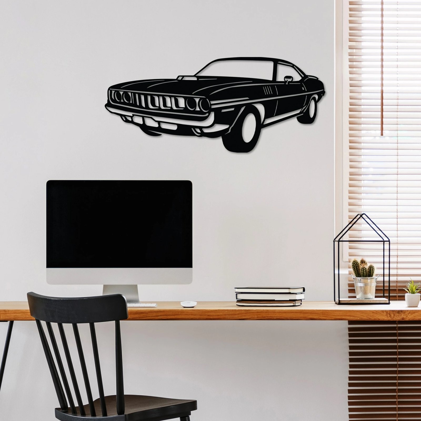 Aksesor dekorativ metalik për mur, Plymouth Barracuda 1971, ngjyrë e zezë, 60x26cm