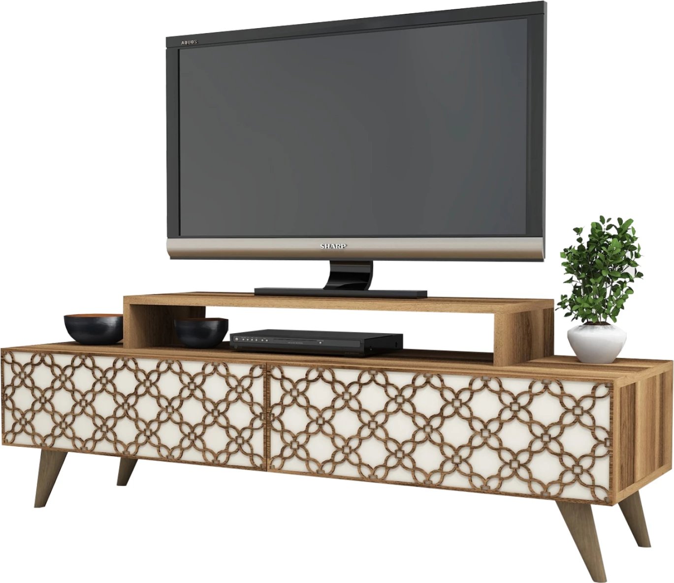 Stendë TV melamine, ngjyrë arre dhe krem, FH9510.03, 140x41.8x48.8 cm