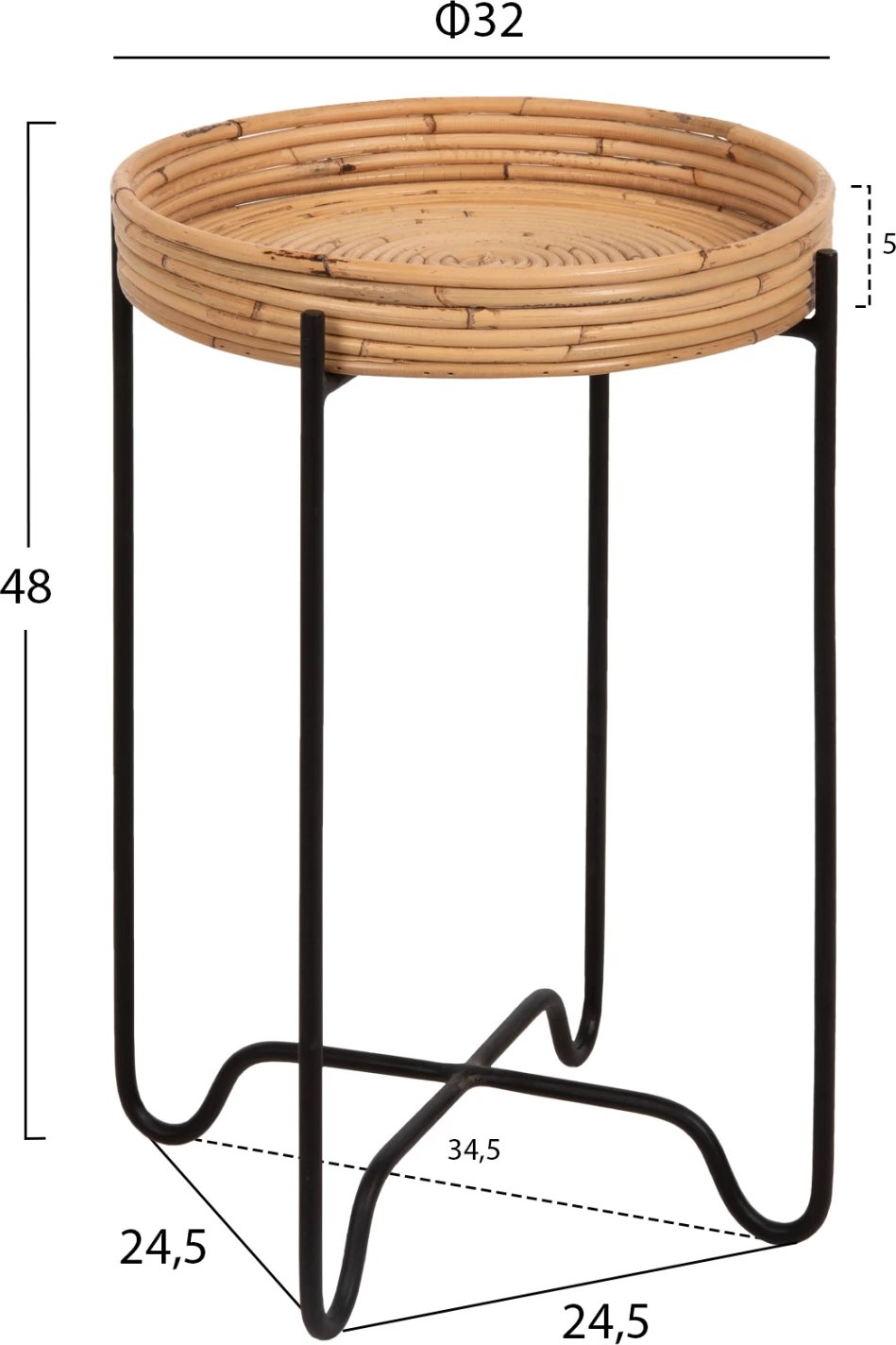 Tavolinë anësore e rrumbullakët FLY, ratan natyral, bazë metalike e zezë, FH7905, Φ32x48H cm