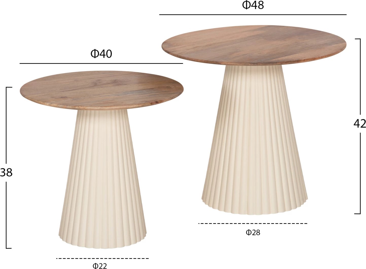 Tavolina kafeje 2 copë Foldy FH9925 bazë metali ngjyrë fildishi, sipërfaqe e rrumbullakët dru mango natyral Φ40 & Φ48 Tavolina kafeje 2 copë Foldy FH9925 bazë metali ngjyrë fildishi, sipërfaqe e rrumbullakët dru mango natyral Φ40 & Φ48