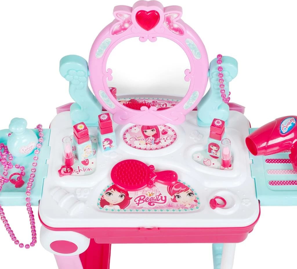 set tualeti fëmijësh 2-në-1 në valixhe, BABY MIX, me pasqyrë me dritë e tingull, aksesorë lojë, rozë