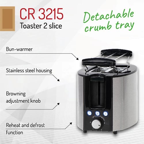Toster Adler CR 3215, 2 feta, 1000W max, inox/zezë
