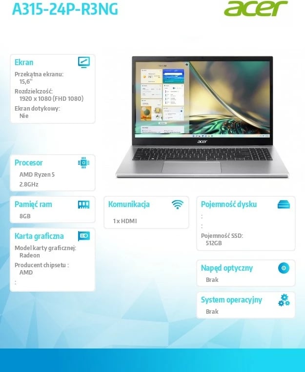 Laptop Acer Aspire 3 A315-24P-R3NG, Ryzen 5 7520U, 15.6", 8GB RAM, 512GB SSD, Argjendtë