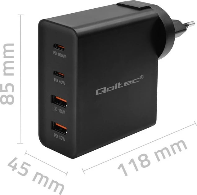 Karikues muri Qoltec GaN Power Pro 52383, 130W, 2x USB-C, 2x USB, i zi