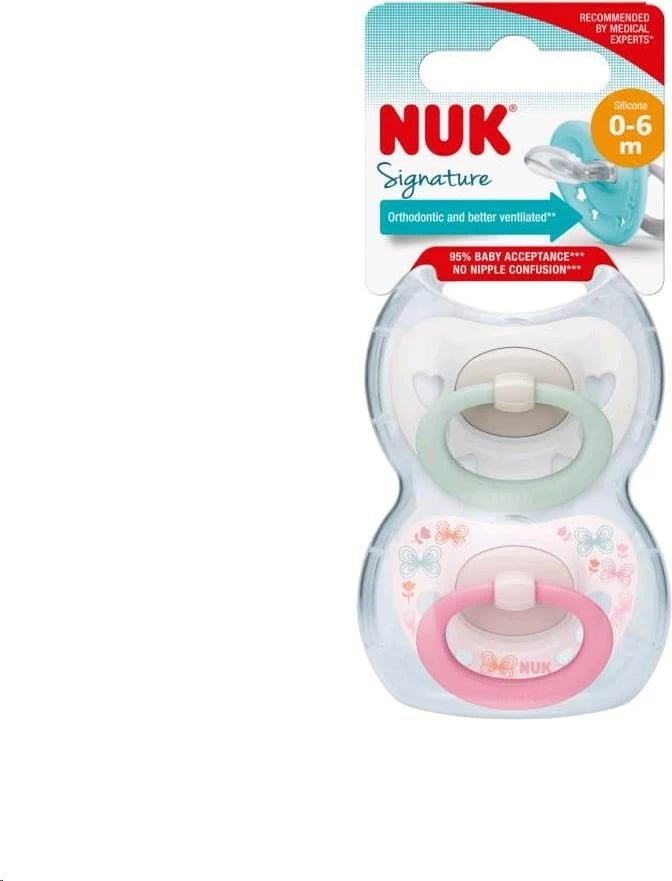 Qetësues (cicë) NUK Signature, 0-6 muaj, silikon, formë ortodontike, BPA-free, rozë, set 2 copë