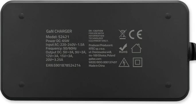 Karikues rrjeti Qoltec 65W GaN, USB-C 3.1, për laptop, MacBook, celular, i zi, me kabllo