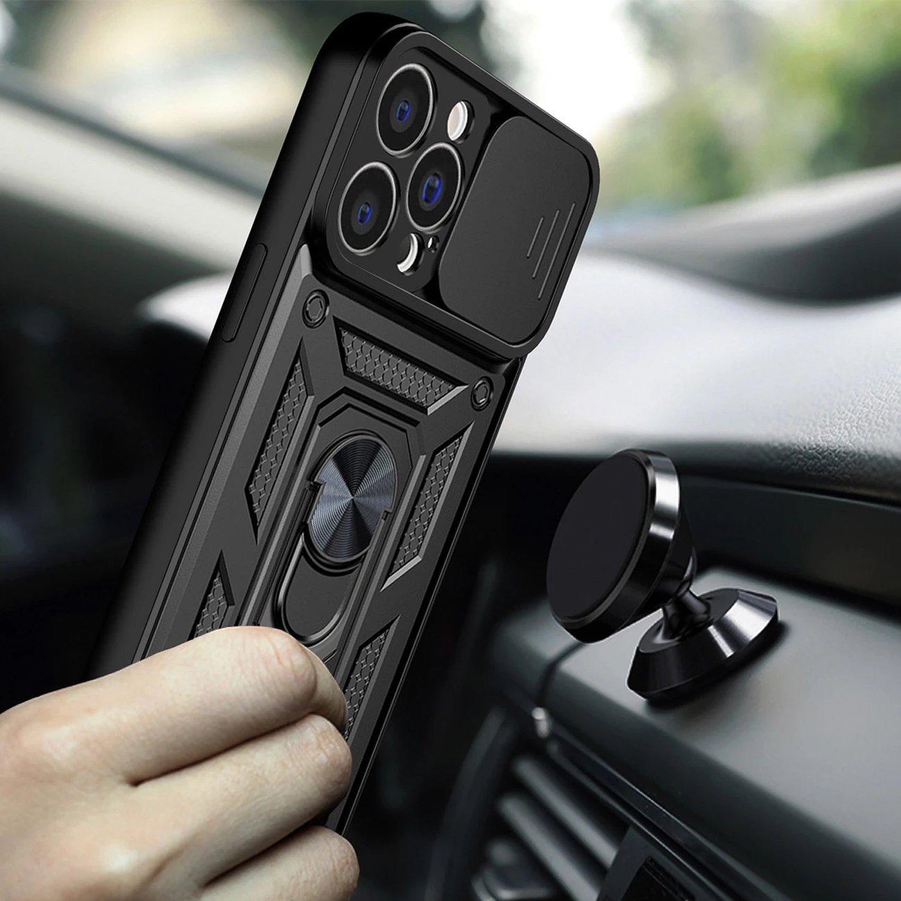 Mbështjellës Hurtel Hybrid Armor Camshield për iPhone 14 Pro Max, me kapak kamere, me unazë, Blu