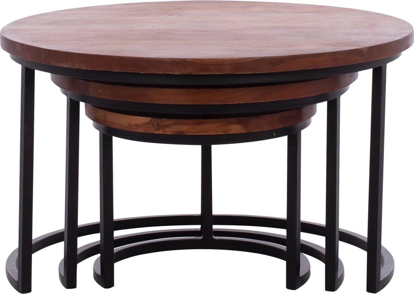 Set 3 tavolina zigon, dru akacie, këmbë metalike të zeza, 78x78x47cm Set 3 tavolina zigon, dru akacie, këmbë metalike të zeza, 78x78x47cm