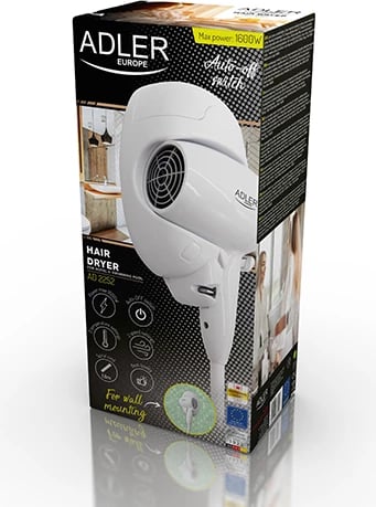 Tharëse flokësh murale, Adler AD 2252, 1600W, 2 shpejtësi/2 temperatura, auto-off, kabllo spiral 1.6 m, tip prizë C, e bardhë, me set montimi