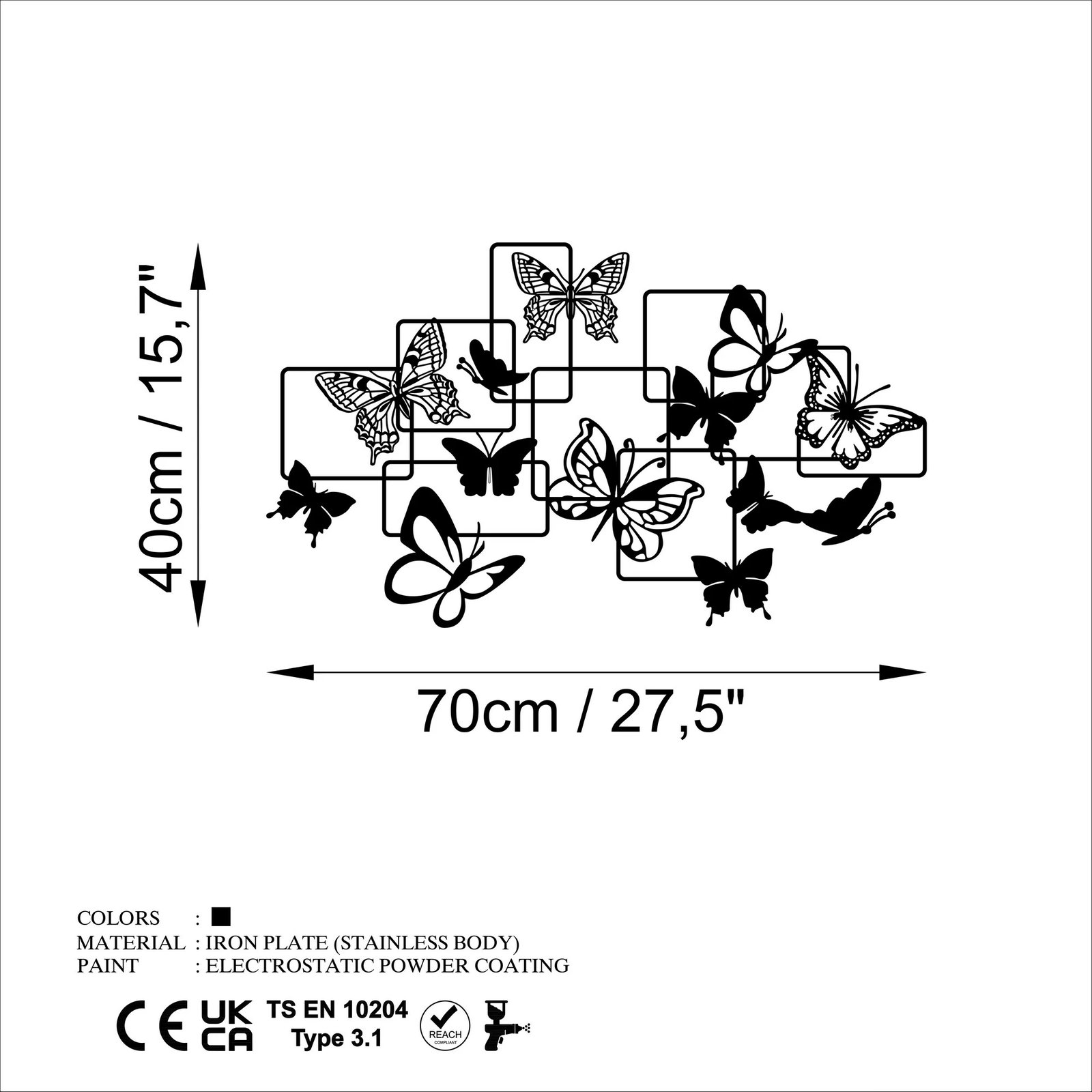 Aksesor muri dekorativ metalik, flutura, Wallity, i zi, 70x40cm