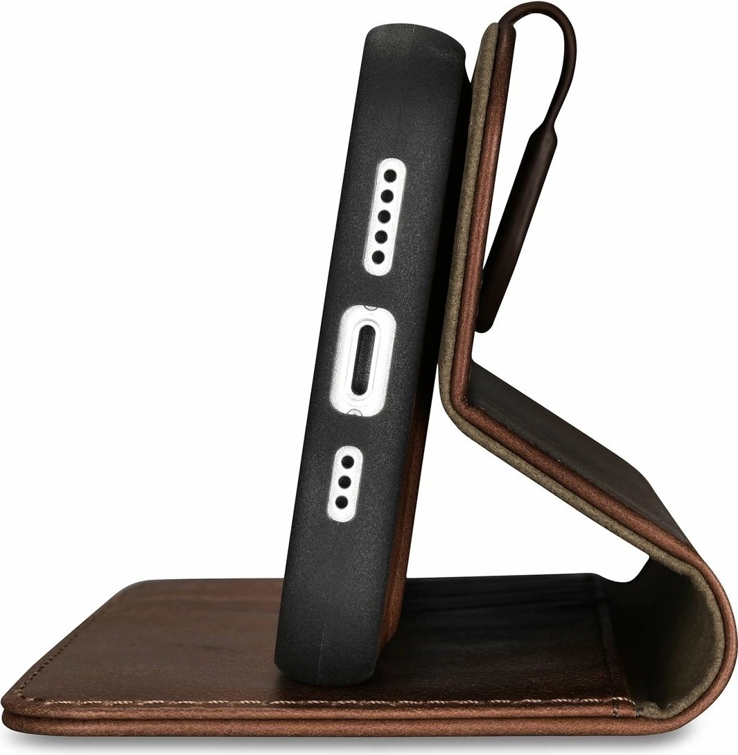 Mbështjellës iCarer Oil Wax Wallet 2in1 për iPhone 14, lëkurë natyrale, Anti-RFID, Kafe