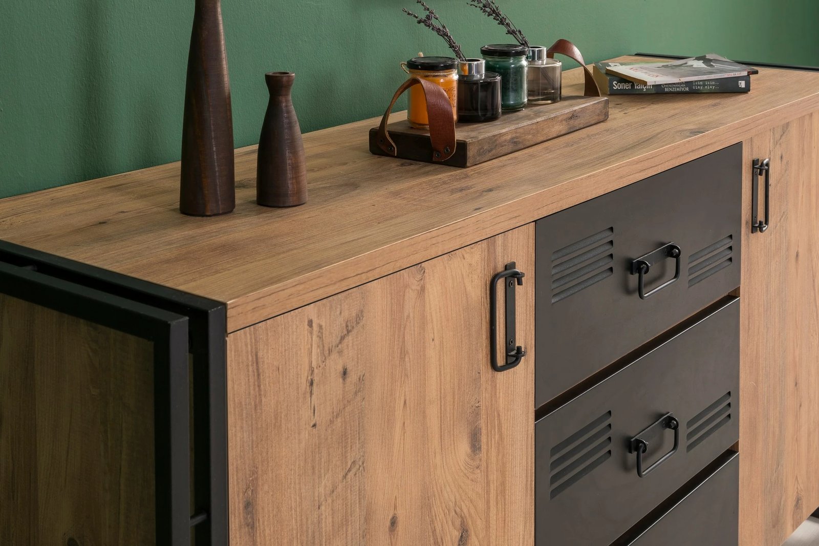 Set mobiljesh për dhomë dite, ngjyrë pishë Atlantike dhe e zezë, Cosmo Takım 22