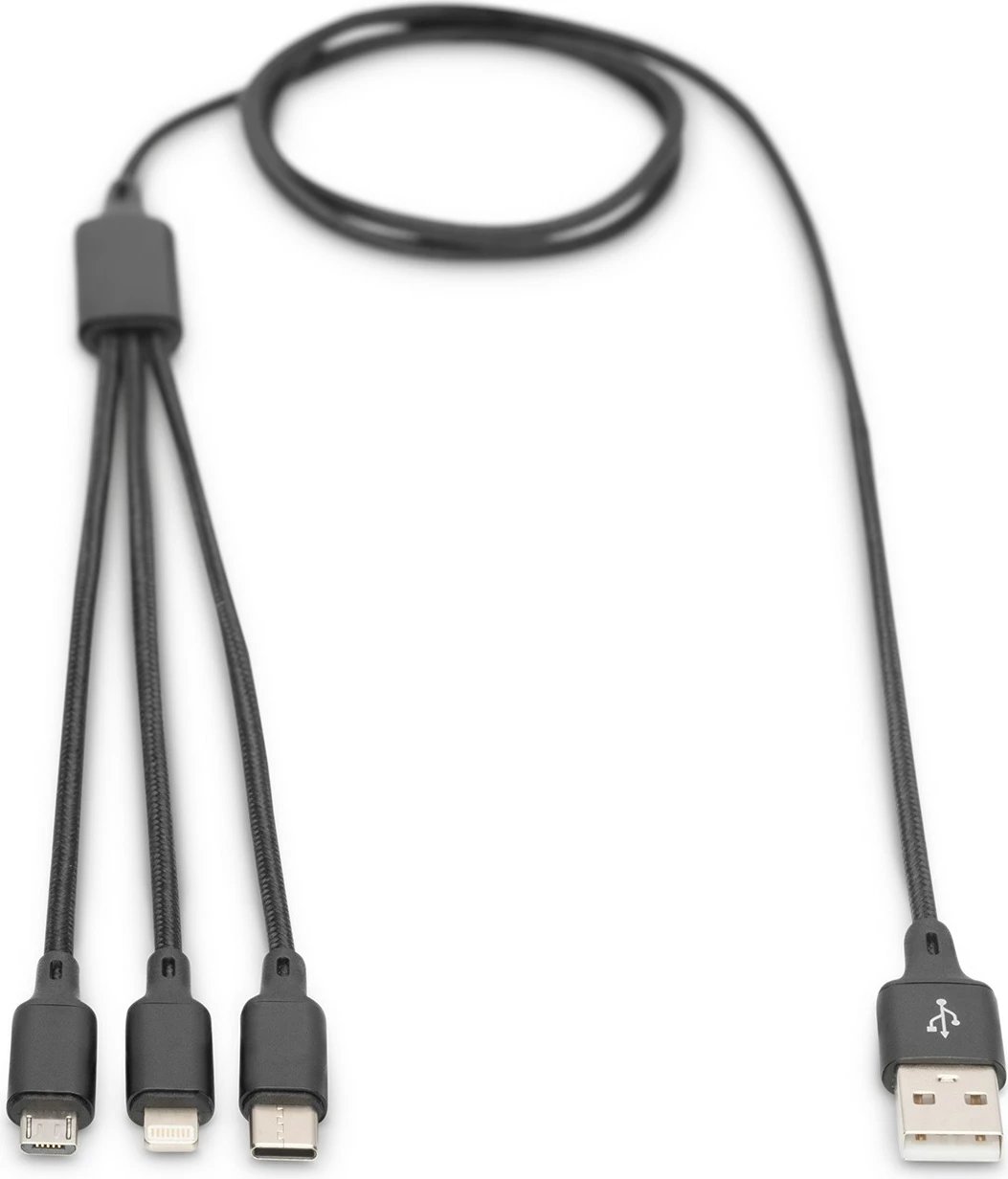 Kabllo karikimi 3-në-1 Digitus, 1 m, USB A, USB C, E zezë Kabllo karikimi 3-në-1 Digitus, 1 m, USB A, USB C, E zezë