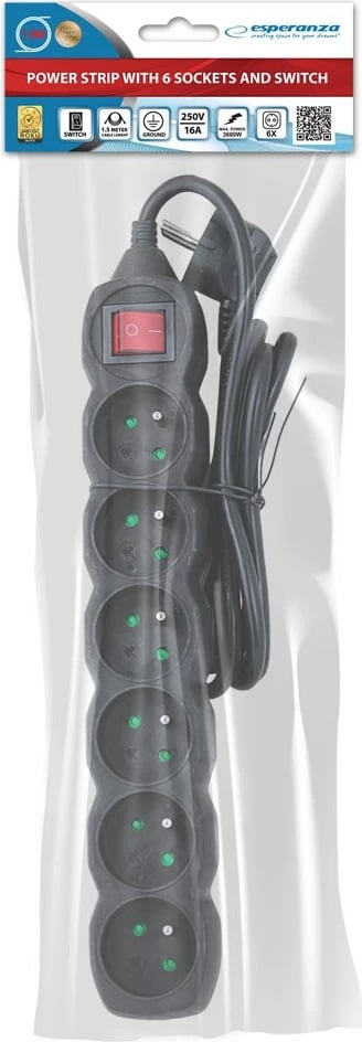 Shtrirës rryme Esperanza ELK217K, 6 porta, 1.5m, Zi