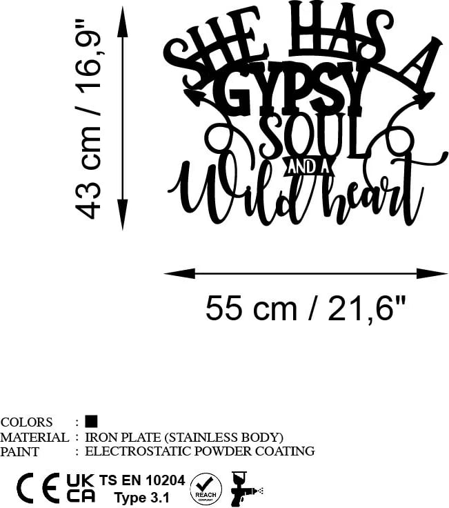 Aksesor muri dekorativ prej metali, Gypsy Soul, ngjyrë e zezë