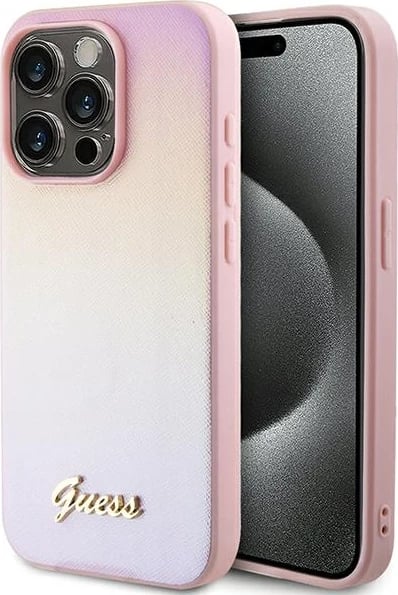 Mbështjellës Guess Saffiano Iridescent Script për iPhone 15 Pro, Rozë