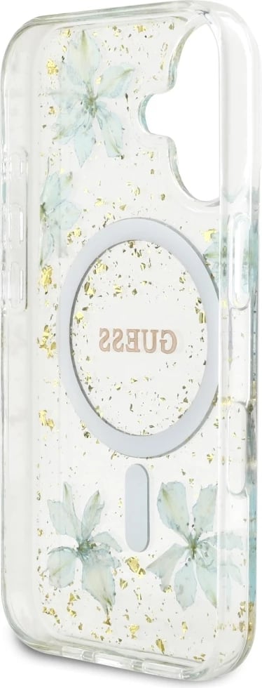 Mbështjellës Guess Resin Flowers Glitter MagSafe për iPhone 16, Transparent, Gjelbër