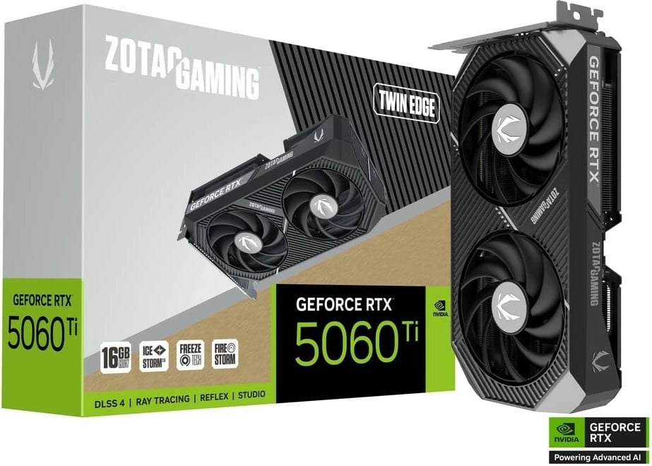 Kartë grafike, ZOTAC, GeForce RTX 5060 Ti Twin Edge ZT-B50620E-10M, 16GB GDDR7 128-bit, 3xDP/1xHDMI, PCIe 5.0 x8, e zezë
