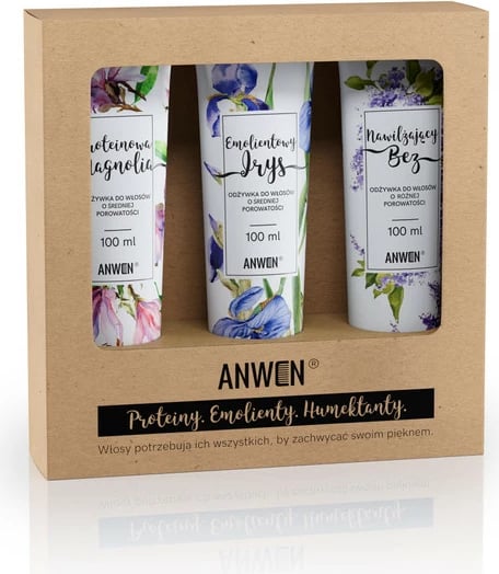 Set kondicionerë për flokë për femra Anwen Protein Orchid + Emollient Iris + Moisturizing Bez, 3x100ml