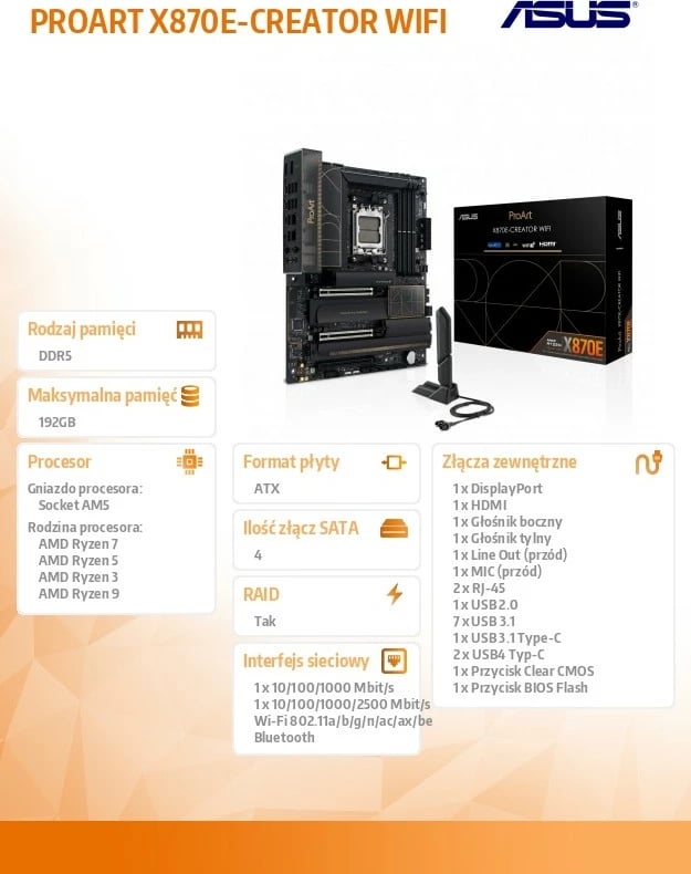 Pllakë amë Asus ProArt X870E-CREATOR WIFI, Socket AM5, DDR5, PCIe 5.0, WiFi 7, e zezë