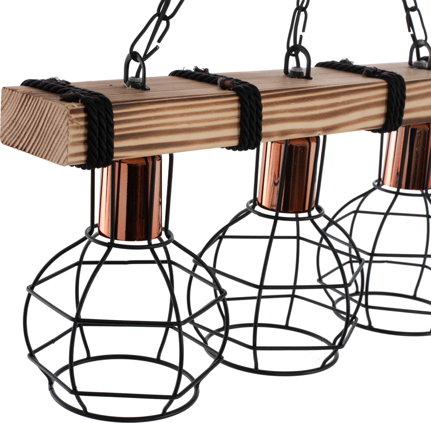 Llambë tavani me 3 drita, me dru dhe rrjeta metali, 50x16x65H cm, FH7682.01