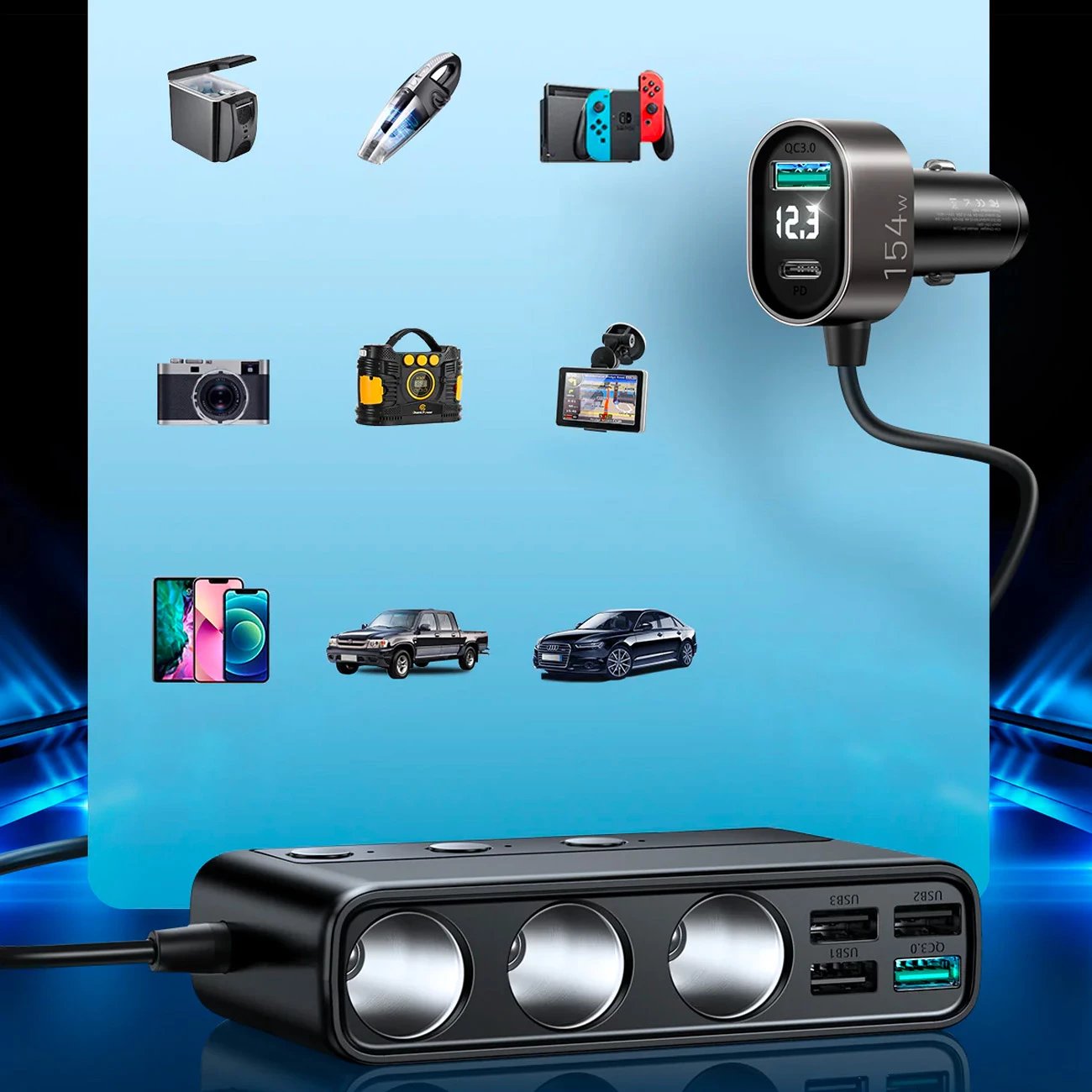 Karikues veture Joyroom JR-CL06, 9 porte, 154W, 5x USB-A/USB-C, 3x dalje çakmaku, e zezë