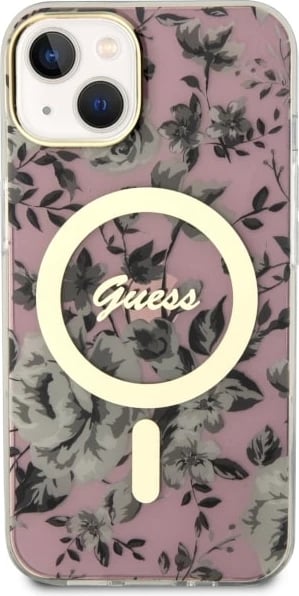 Mbështjellës Guess Flower MagSafe për iPhone 14, Rozë
