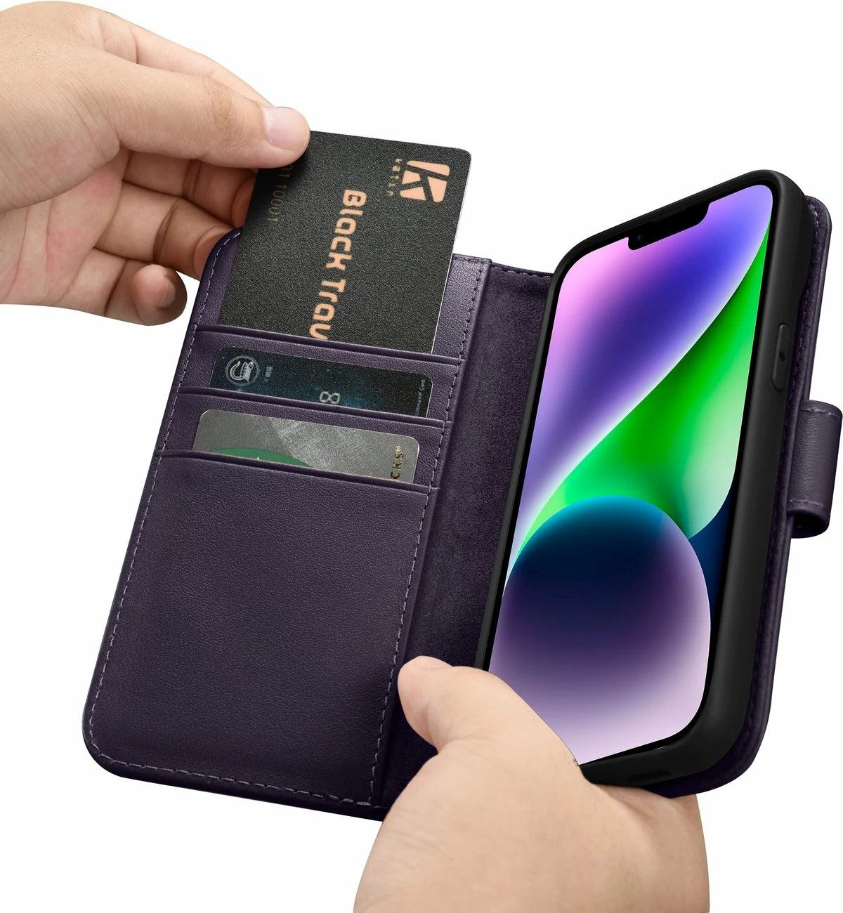 Mbështjellës iCarer Wallet Case 2in1 për iPhone 14, lëkurë natyrale, Anti-RFID, Vjollcë e errët